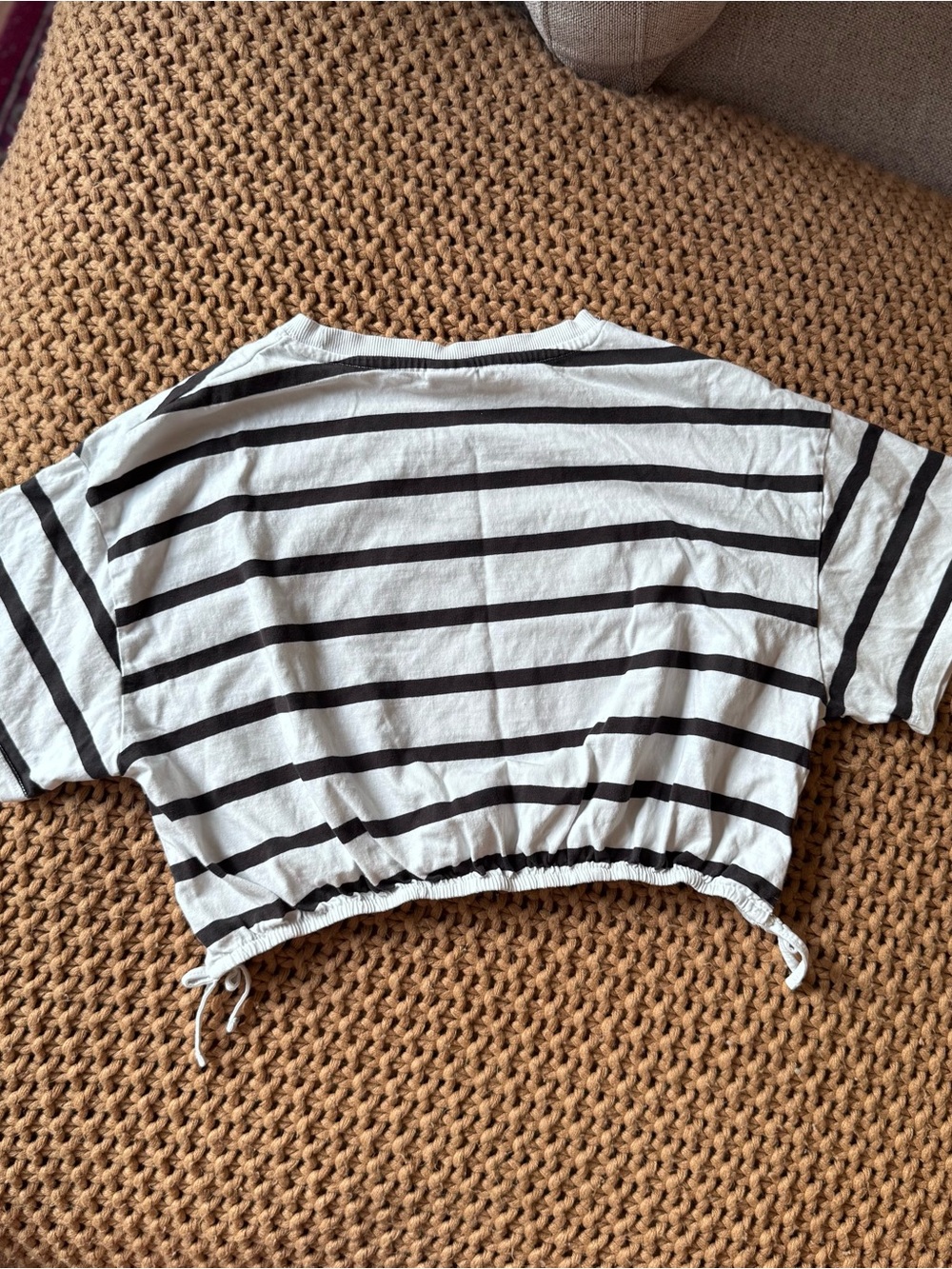 Zara Striped Cinch Waist Crop Top Black White Tee Size 13-14 / XS - Picture 5 of 5